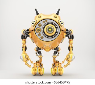 Unique orange robotic beetle with multiple eyes-cameras and funny antennaes, 3d rendering