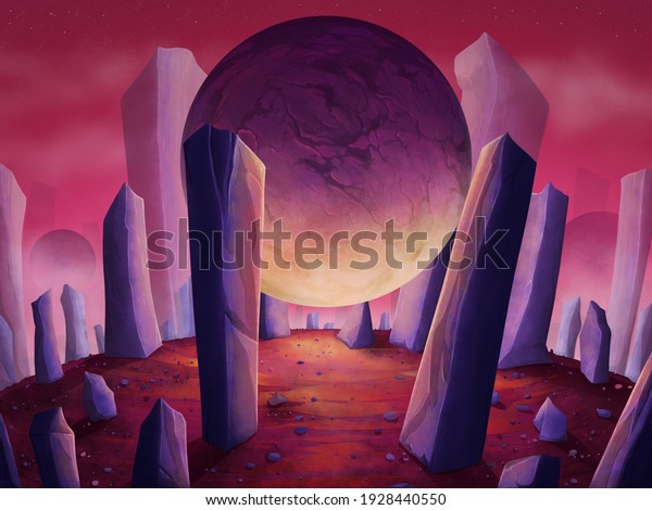 Unique Pink fantasy  moon sphere\
rock stone world landscape wallpaper art background\
illustration.