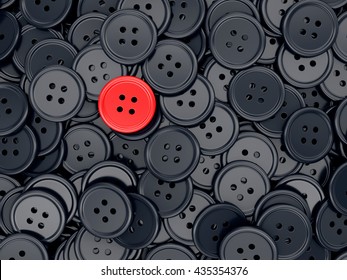 Unique Red Clothing Sewing Button Among Many Dark Ones. Standing Out From Crowd, Individuality And Difference Concept. 3D Illustration