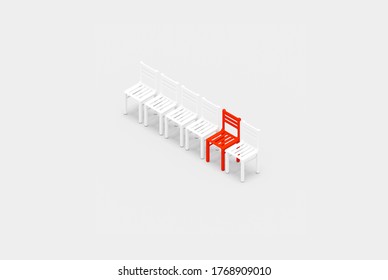 Unique red stool in a row of white chairs, individual design concept 3D illustration.  Leadership concept. Out of the crowd.