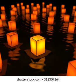 Unique sky lantern on water. Conception of innovation. 3d render