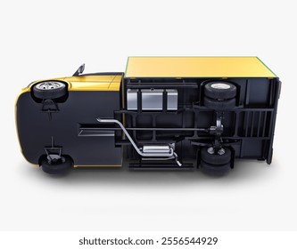 Unique view of a yellow truck turned upside down for inspection - Powered by Shutterstock