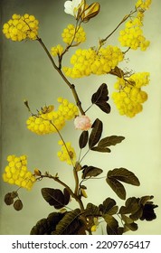 The Unique Yellow Blooms Of The Australian Wattle Flower. An Artistic Illustration.