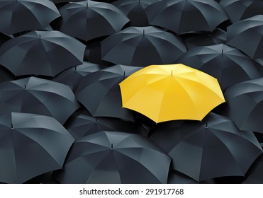 Уникальный желтый зонт среди множества темных. Выделение из толпы, индивидуальность и концепция отличия.