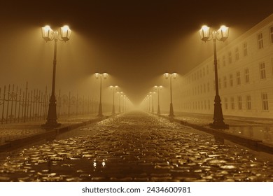 A uniquely atmospheric capture of a foggy, sepia-toned cobblestone street, flanked by glowing streetlamps and an iron-wrought fence, evoking a sense of serene mystery. - Powered by Shutterstock