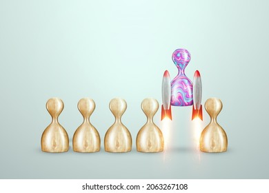 Uniqueness, among the wooden pawns, a multi-colored pawn takes off on a rocket. Competitive advantage, standing out from the crowd, thinking outside the box, a leader. 3D render, 3D illustration
