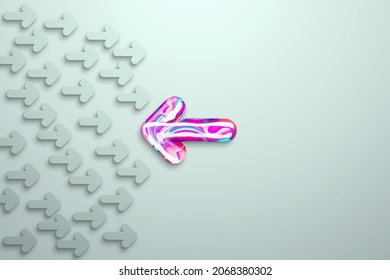 Uniqueness Creative Background, Multicolored Arrow Moves Against Gray Arrows. Competitive Advantage, Standing Out From The Crowd, Thinking Outside The Box, A Leader. 3D Render, 3D Illustration