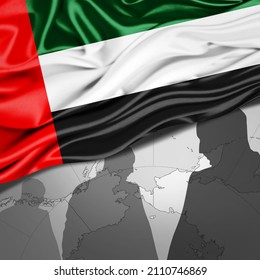 Vereinigte arabische Emirate Fahne aus Seide mit Weltkarte und Hintergrund von menschlichen Silhouetten - 3D-Illustration