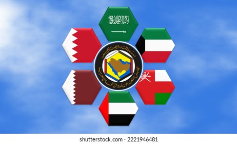 United Arab Emirates, Kuwait, Qatar, Bahrain, Saudi Arabia, Yemen And Oman. GCC Gulf Country Middle East Flag 3D Icons. 3D Illustration Of GCC Country Flags Arranged In Around The GCC Logo