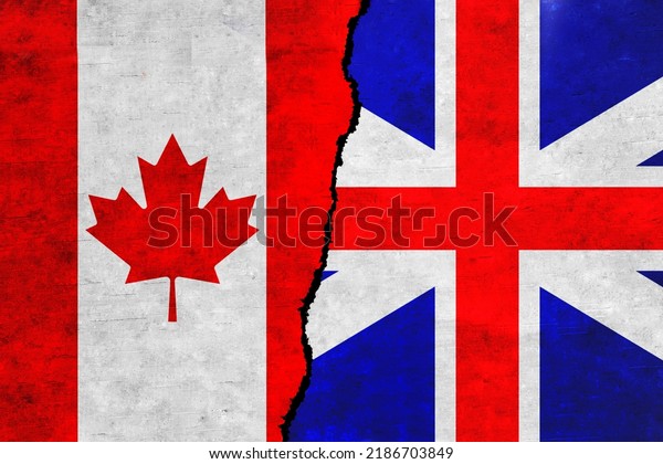 United Kingdom and Canada painted flags on a\
wall with a crack. UK and Canada relations. Canada and Great\
Britain flags\
together