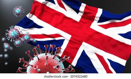 United Kingdom Of Great Britain And Northern Ireland And The Covid Pandemic - Corona Virus Attacking Its National Flag To Symbolize Fight With The Virus In This Country, 3d Illustration