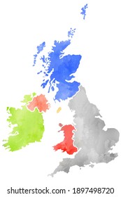 United Kingdom and Ireland map water color illustration styles isolated on white background.