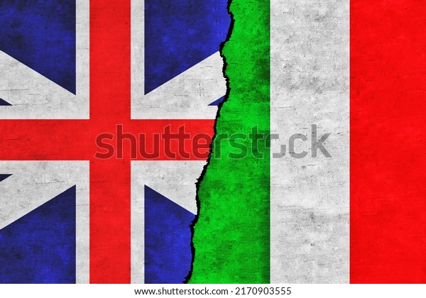 United\
Kingdom and Italy painted flags on a wall with a crack. Italy and\
Britain relations. UK and Italy flags\
together