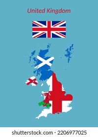 United Kingdom Map With Flags Of England, Scotland, Northern Ireland, Wales And Union Jack 3D Illustration