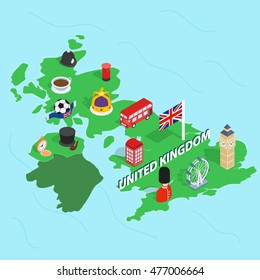 United Kingdom Map In Isometric 3d Style. Symbols Of The UK Set Collection  Illustration