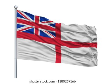 United Kingdom Naval Ensign Flag On Flagpole, Isolated On White Background, 3D Rendering
