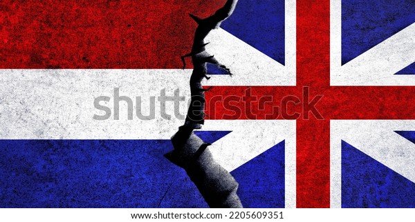 United Kingdom and Netherlands flags\
together. Britain and Netherlands relation, conflict, criss\
concept. UK vs\
Netherlands