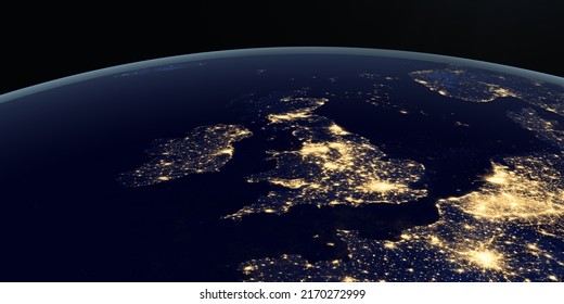 United Kingdom At Night In The Earth Planet Rotating From Space. 3d Rendering