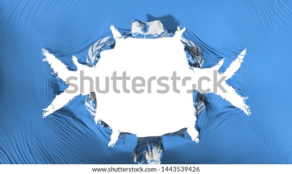 United Nations flag with a big hole, white\
background, 3d\
rendering