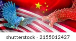United States of America and China on trade, economics, taxes, business conflicts, finance, and power. Flags USA and Chinese flags on the background of dragon and eagle -3d Rendering