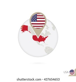 United States Of America Map And Flag In Circle. Map Of USA, USA Flag Pin. Map Of USA In The Style Of The Globe. Raster Copy.