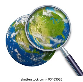 United States of America planet Earth focusing on the country map of USA including places as New York Los Angeles Chicago Texas California with blue ocean and clouds and a magnifying glass on white.