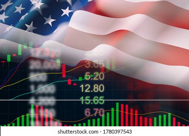 United States of America stock market analysis forex indicator trading graph. US stock exchange chart business growth finance money crisis economy.