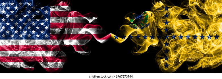 United States Of America, America, US, USA, American Vs Vice President Brazil Smoky Mystic Flags Placed Side By Side. Thick Colored Silky Abstract Smoke Flags.