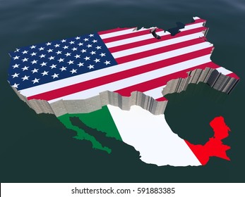 United States Of America Usa US Isometric Perspective Aerial Map View Of National Flag Border Wall With Mexico Country Border Outlines Reflecting On Water Surface 3D Rendering Illustration Background