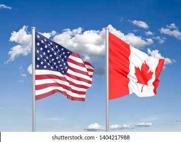 United States of America vs Canada. Thick colored silky flags of America and Canada. 3D illustration on sky background. 