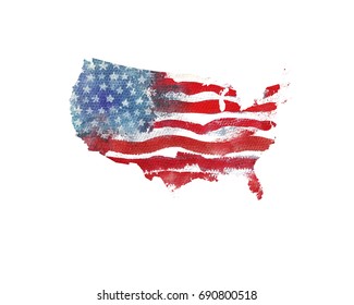 United States Of America. Watercolor Texture Of American Flag. USA Map.