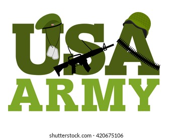 United States Army. American Military Text Logo. Green Beret And Protective Soldiers Helmet.  Rifle And Soldier Badge. Ammunition Belts