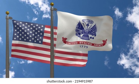 United States Army Flag Together With American Flag, USA, Close-up Frontal On A Pole With Blue Cloudy Sky, 3D Render