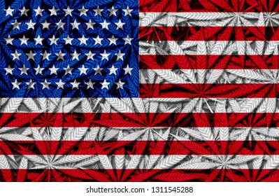 United States Cannabis Concept And USA Marijuana Law And Legislation Social Issue As Medical And Recreational Weed Icon As An American Flag On A Background Of Pot Symbols In A 3D Illustration Style.