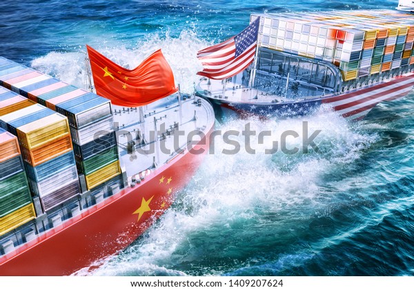 United States and China import export  trade war
concept. Cargo containers ships collision as USA vs China business
finance economic trade tension conflict and America China trade
deficit symbol.
3D