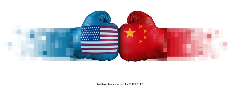 United States China Tech Cold War And US Or USA Technology With Two Opposing Digital Partners As An Economic Import And Exports Conflict Concept With 3D Illustration Style.