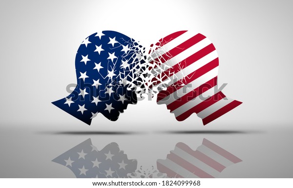 United\
States debate and US social issues argument or political war as an\
American culture conflict as conservative and liberal political\
dispute and ideology in a 3D illustration\
style.