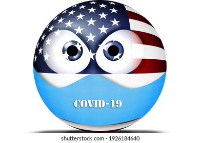 United States Flag Face With Medical Protective Mask. Isolated Icon On White Background. Flag Emoticon.mask To Protect Against Coronavirus, COVID-19. Flag Emoji. 3d Illustration