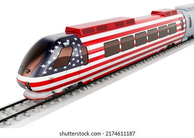 The United States Flag Painted On The High Speed Train. Rail Travel In The USA, Concept. 3D Rendering Isolated On White Background