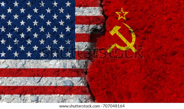 United states flag and soviet union flag painted\
on the cracked wall , USA and soviet union relations , USA and\
soviet union\
conflict