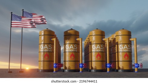 United States Gas Reserve, United States Gas Storage Reservoir, Natural Gas Tank United States With Flag United States, Sanction On Gas, 3D Work And 3D Image