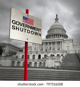 United States Government Shutdown And American Federal Shut Down Due To Spending Bill Disagreement As A National Finance Symbol With 3D Illustration Elements.