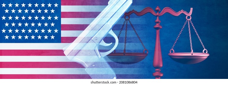 United States Gun Laws And US Weapon Legislation Concept As A Handgun With A Justice Scale As An American Legal Rights Idea As A 3D Illustration.