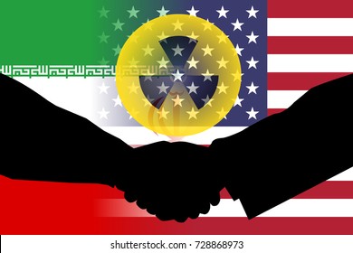 United States And Iran Flag With Handshake Shadow And A Nuclear Symbol.