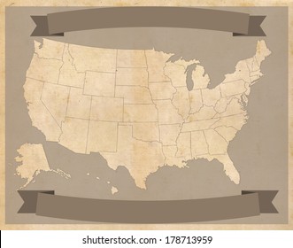 United States Map On Vintage Parchment With Banners