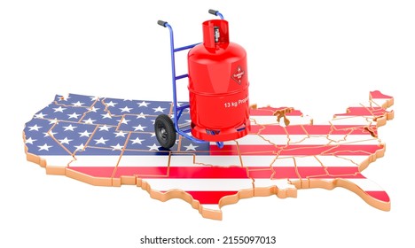 The United States Map With Propane Gas Cylinder On Hand Truck. Gas Delivery Service In The USA, Concept. 3D Rendering Isolated On White Background