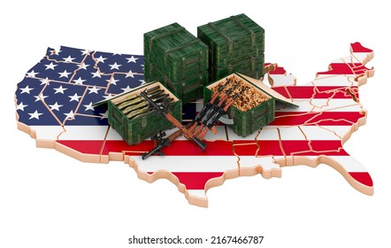 The United States Map With Weapons. Military Supplies In The USA, Concept. 3D Rendering Isolated On White Background