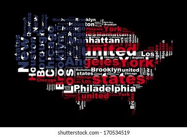 UNITED STATES map and words cloud with larger cities 