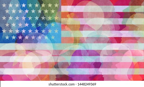 United States Race Diversity Or Ethnicity And People Concept On An American Flag Background In A 3D Illustration Style.