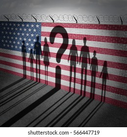 United States Refugee Question And Immigration Government Policy As Extreme Vetting For Banned Newcomers In America As The Cast Shadow On A Wall With A US Flag With 3D Illustration Elements.